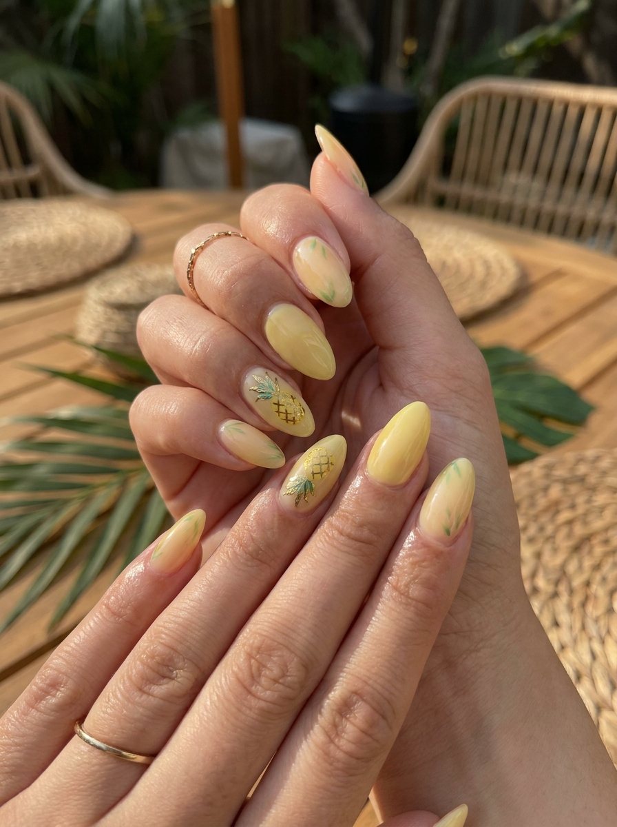 Pineapple Pop Nails mit gelben und grünen Ananas Akzenten